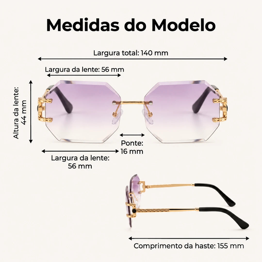Medidas do Mionelle Facet Purple: frente 140 mm, lentes 56 por 44 mm, ponte 16 mm e hastes 155 mm