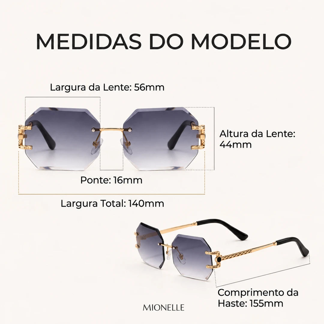 Medidas do Mionelle Facet: frente 140 mm, lentes 56 por 44 mm, ponte 16 mm e hastes 155 mm
