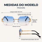 Medidas do Mionelle Facet Sky Blue: frente 140 mm, lentes 56 por 44 mm, ponte 16 mm e hastes 155 mm