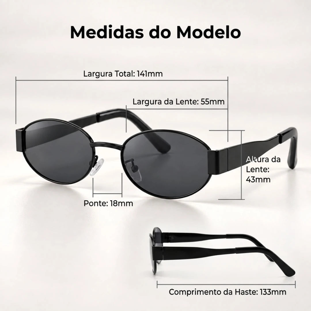 Medidas do Mionelle Selene All Black: frente 141 mm, lente 55 por 43 mm, ponte 18 mm e haste 133 mm