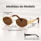 Medidas do Mionelle Selene Brown: frente 141 mm, lente 55 por 43 mm, ponte 18 mm e haste 133 mm