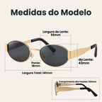 Medidas do Mionelle Selene Golden Black: frente 141 mm, lente 55 por 43 mm, ponte 18 mm e haste 133 mm
