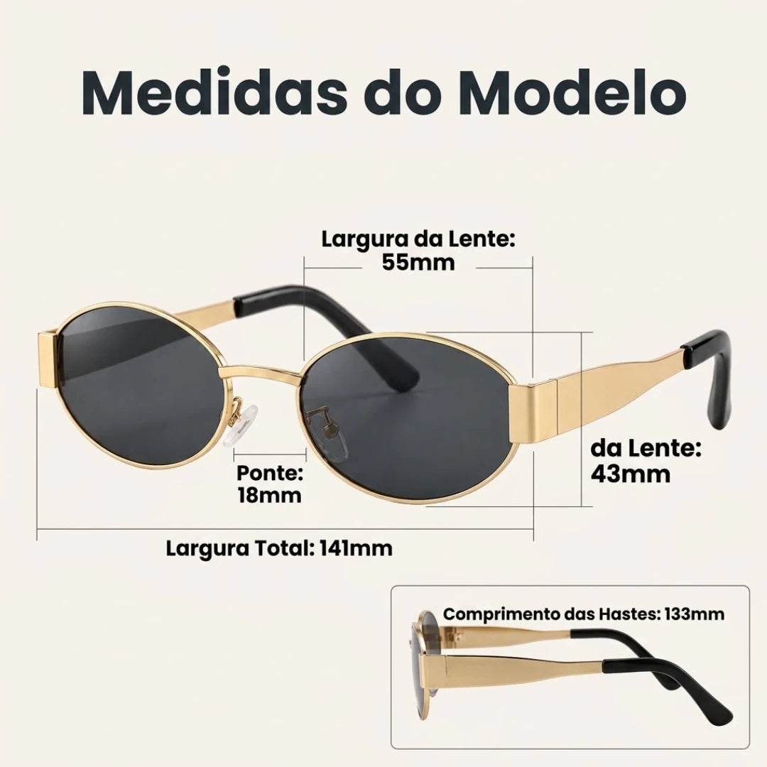 Medidas do Mionelle Selene Golden Black: frente 141 mm, lente 55 por 43 mm, ponte 18 mm e haste 133 mm