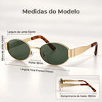Medidas do Mionelle Selene Green: frente 141 mm, lente 55 por 43 mm, ponte 18 mm e haste 133 mm