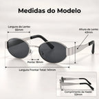 Medidas do Mionelle Selene Silver Black: frente 141 mm, lente 55 por 43 mm, ponte 18 mm e haste 133 mm
