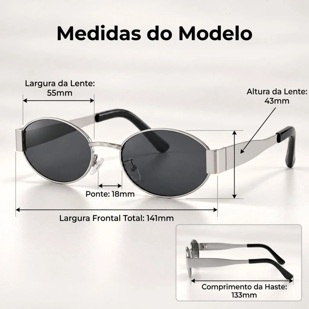 Medidas do Mionelle Selene Silver Black: frente 141 mm, lente 55 por 43 mm, ponte 18 mm e haste 133 mm