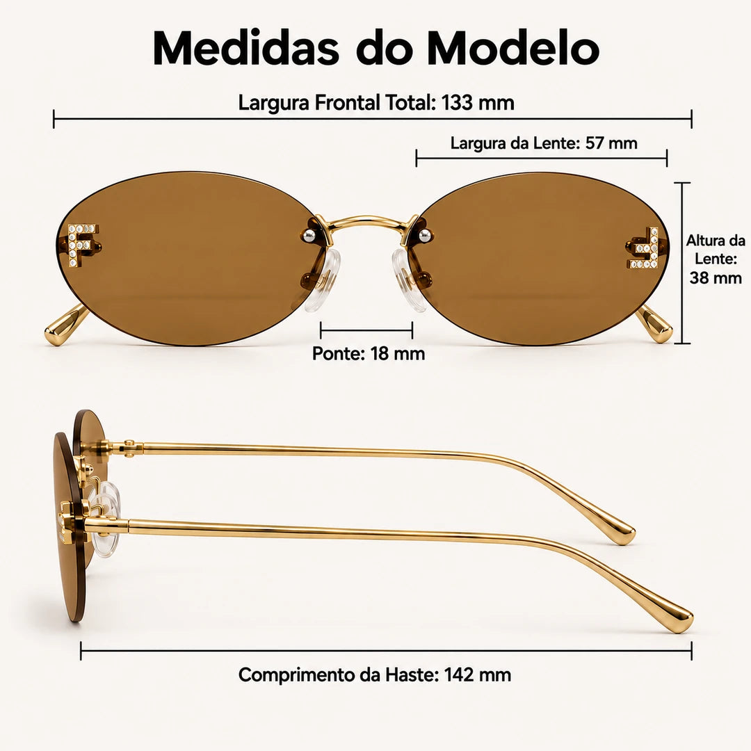 Medidas do Mionelle Luna: frente 133 mm, lentes 57 por 38 mm, ponte 18 mm e hastes 142 mm