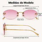 Medidas do Mionelle Luna: frente 133 mm, lentes 57 por 38 mm, ponte 18 mm e hastes 142 mm