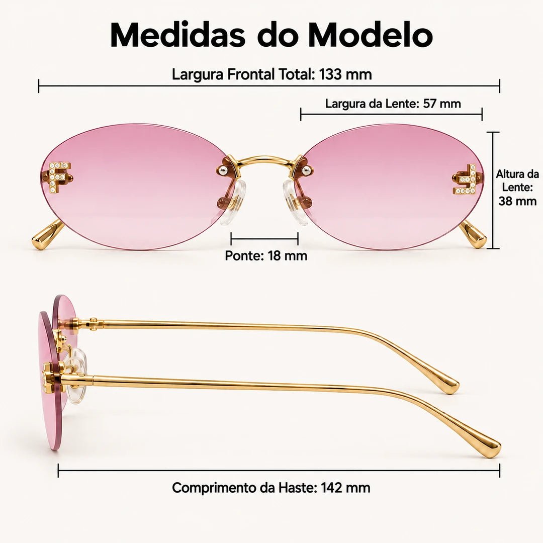 Medidas do Mionelle Luna: frente 133 mm, lentes 57 por 38 mm, ponte 18 mm e hastes 142 mm