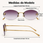 Medidas do Mionelle Luna: frente 133 mm, lentes 57 por 38 mm, ponte 18 mm e hastes 142 mm