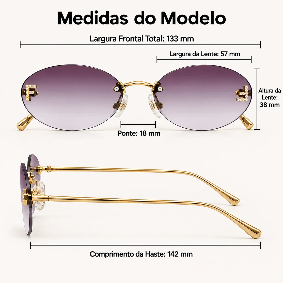Medidas do Mionelle Luna: frente 133 mm, lentes 57 por 38 mm, ponte 18 mm e hastes 142 mm