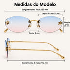 Medidas do Mionelle Luna: frente 133 mm, lentes 57 por 38 mm, ponte 18 mm e hastes 142 mm