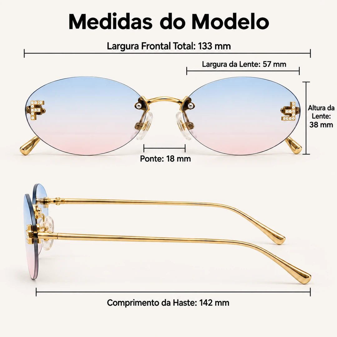 Medidas do Mionelle Luna: frente 133 mm, lentes 57 por 38 mm, ponte 18 mm e hastes 142 mm
