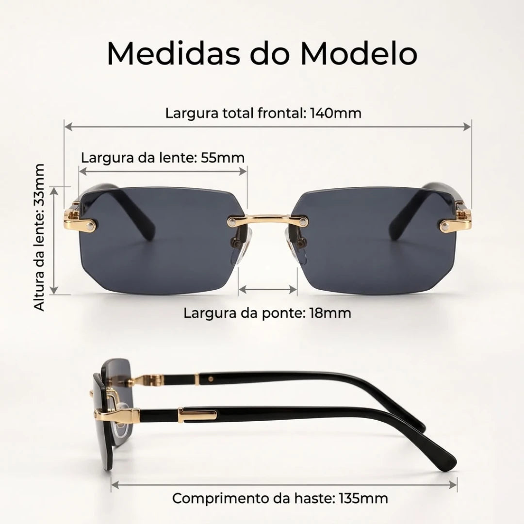 Medidas do Mionelle Vortex Preto: frente 140 mm, lentes 55 por 33 mm, ponte 18 mm e hastes 135 mm
