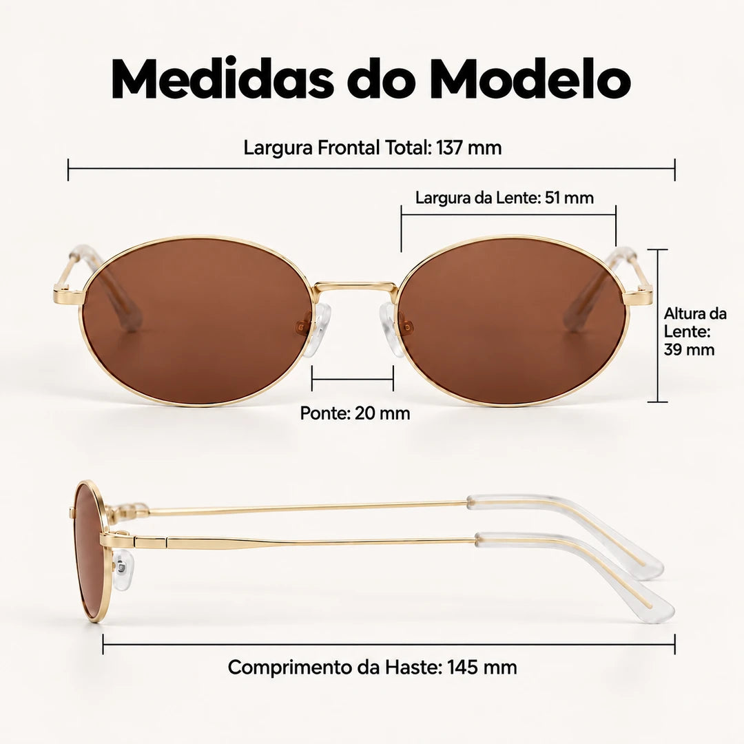 Medidas do Mionelle Viper: frente 137 mm, lentes 51 por 39 mm, ponte 20 mm e hastes 145 mm