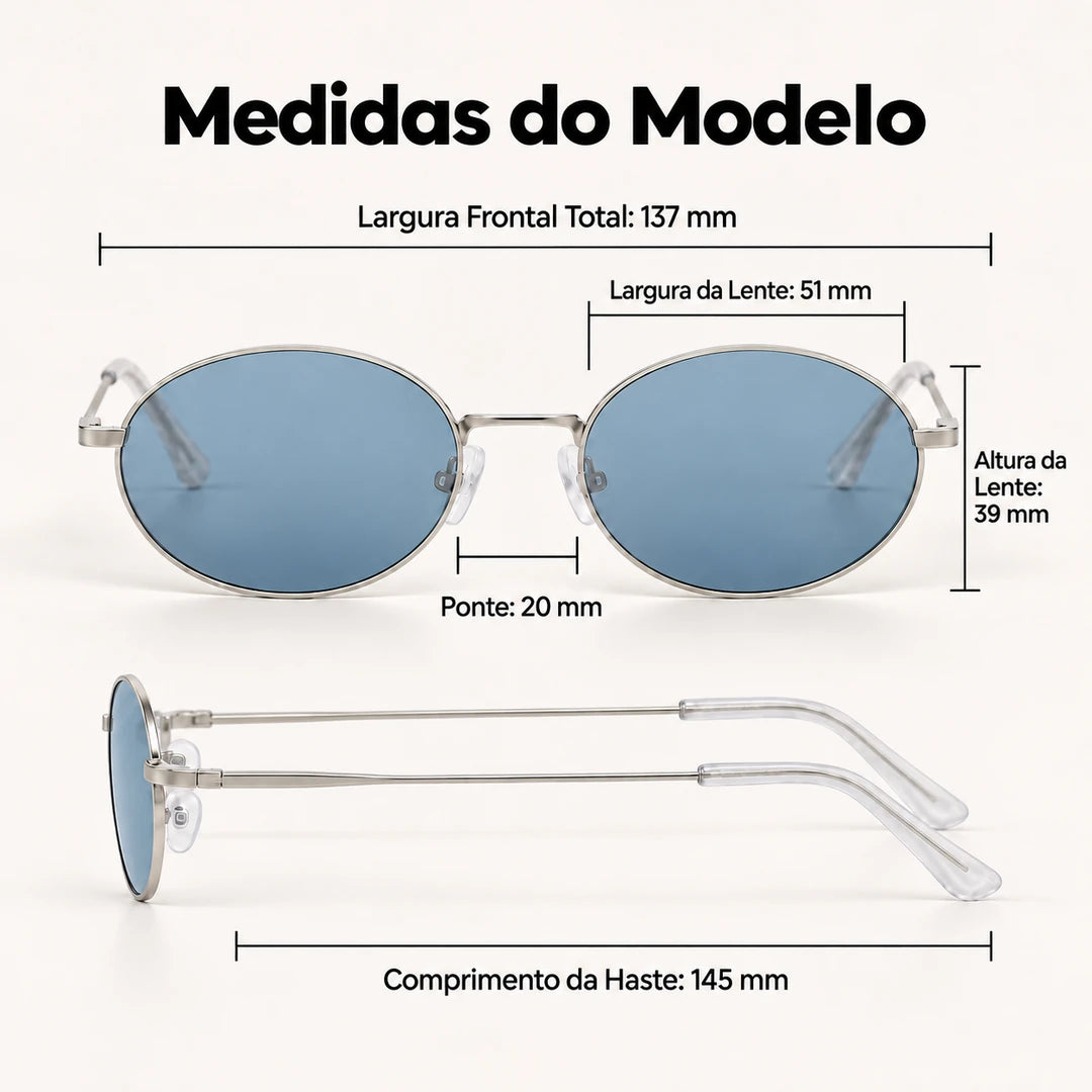 Medidas do Mionelle Viper: frente 137 mm, lentes 51 por 39 mm, ponte 20 mm e hastes 145 mm