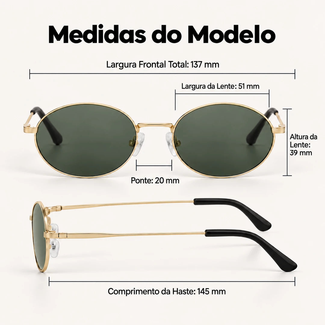 Medidas do Mionelle Viper: frente 137 mm, lentes 51 por 39 mm, ponte 20 mm e hastes 145 mm