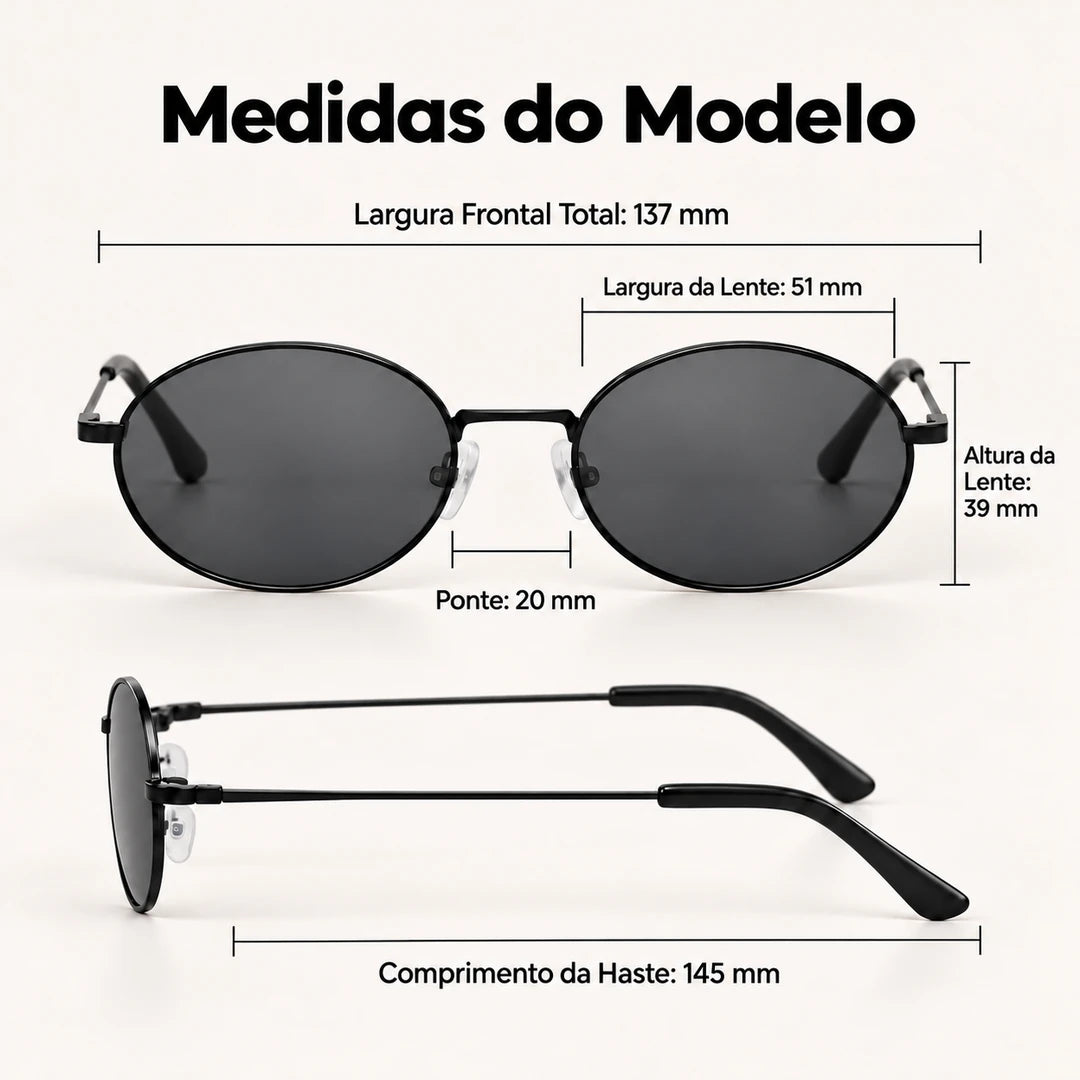 Medidas do Mionelle Viper: frente 137 mm, lentes 51 por 39 mm, ponte 20 mm e hastes 145 mm