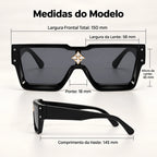 Medidas do Mionelle Veneto: frente 150 mm, lentes 58 por 45 mm, ponte 18 mm e hastes 145 mm