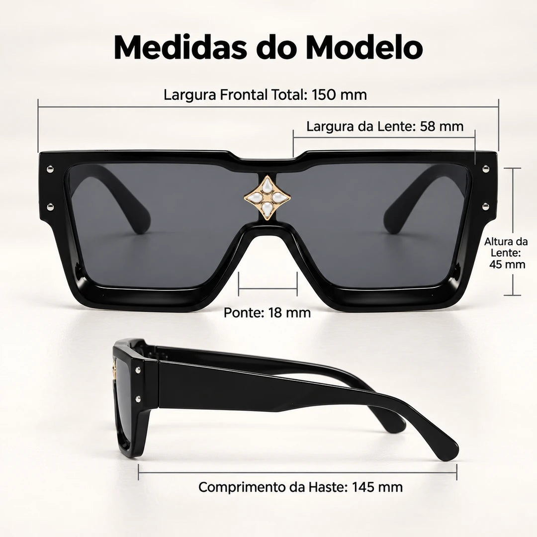 Medidas do Mionelle Veneto: frente 150 mm, lentes 58 por 45 mm, ponte 18 mm e hastes 145 mm