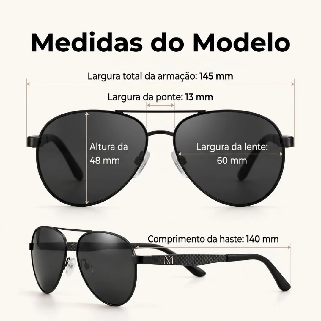 Medidas do Mionelle Carbon: lente 60 por 48 mm, ponte 13 mm, haste 140 mm e frente 145 mm.