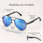 Medidas do Mionelle Carbon Azul Espelhado: lentes 60 × 48 mm, ponte 13 mm, hastes 140 mm e largura frontal 145 mm.