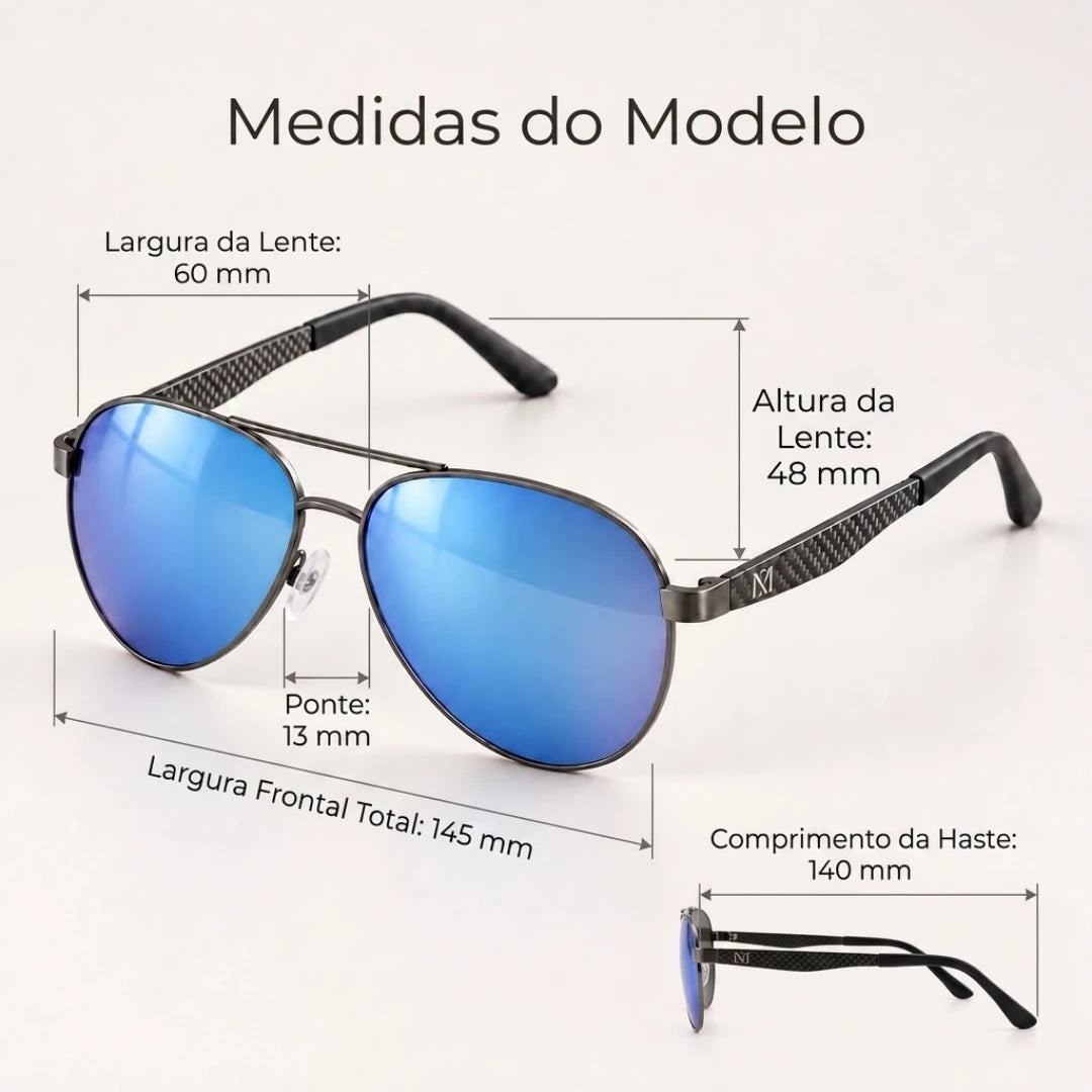 Medidas do Mionelle Carbon Azul Espelhado: lentes 60 × 48 mm, ponte 13 mm, hastes 140 mm e largura frontal 145 mm.