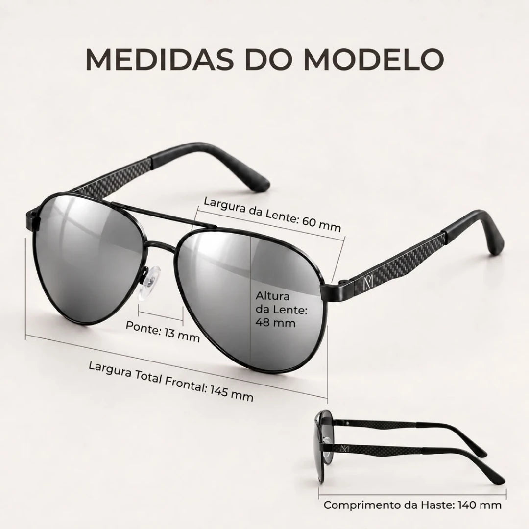 Medidas do Mionelle Carbon Cinza Espelhado: lente 60 × 48 mm, ponte 13 mm, haste 140 mm e frente 145 mm.