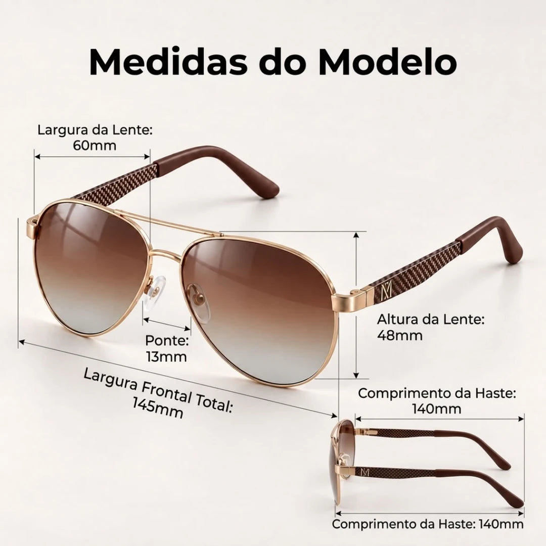 Medidas dos óculos Mionelle Carbon Marrom: frente 145 mm, lentes 60 por 48 mm, ponte 13 mm e hastes 140 mm.