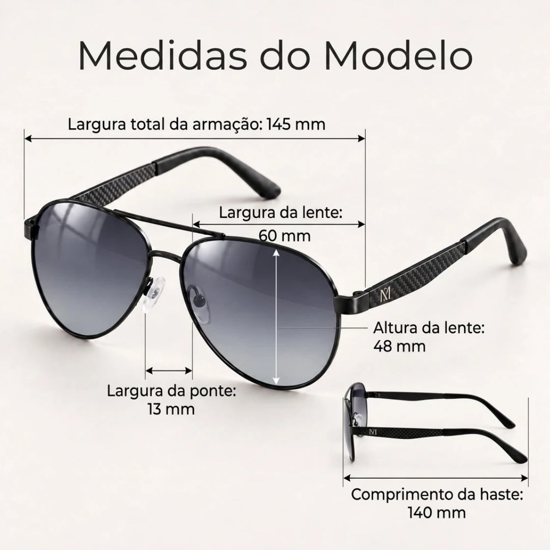 Medidas do Mionelle Carbon: lente 60 por 48 mm, ponte 13 mm, haste 140 mm e frente 145 mm.