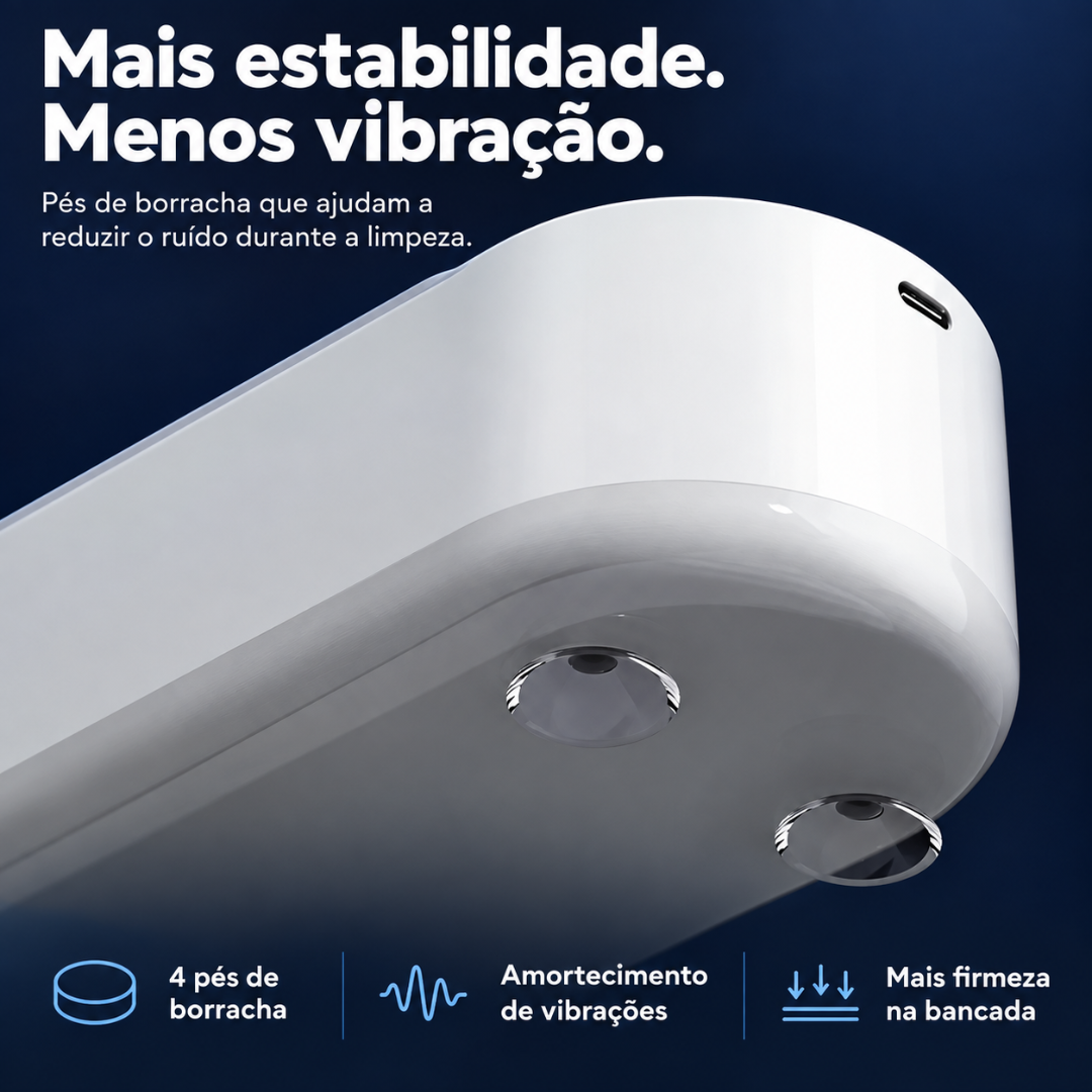 Base do limpador ultrassônico de óculos Mionelle Clair, com detalhe dos apoios inferiores.