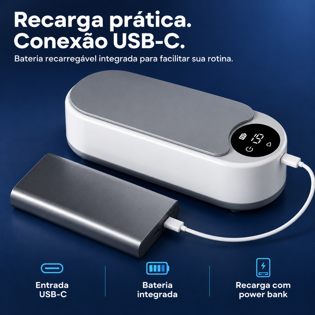 Limpador ultrassônico de óculos Mionelle Clair ao lado de um notebook, em arte que apresenta a conexão USB-C.