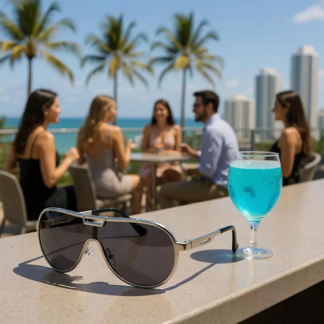 Óculos de Sol Aviador Vintage Masculino e Feminino Mionelle Tesla Prata sobre um balcão de mármore e um grupo de amigos no fundo sentados ao redor de uma mesa sorrindo