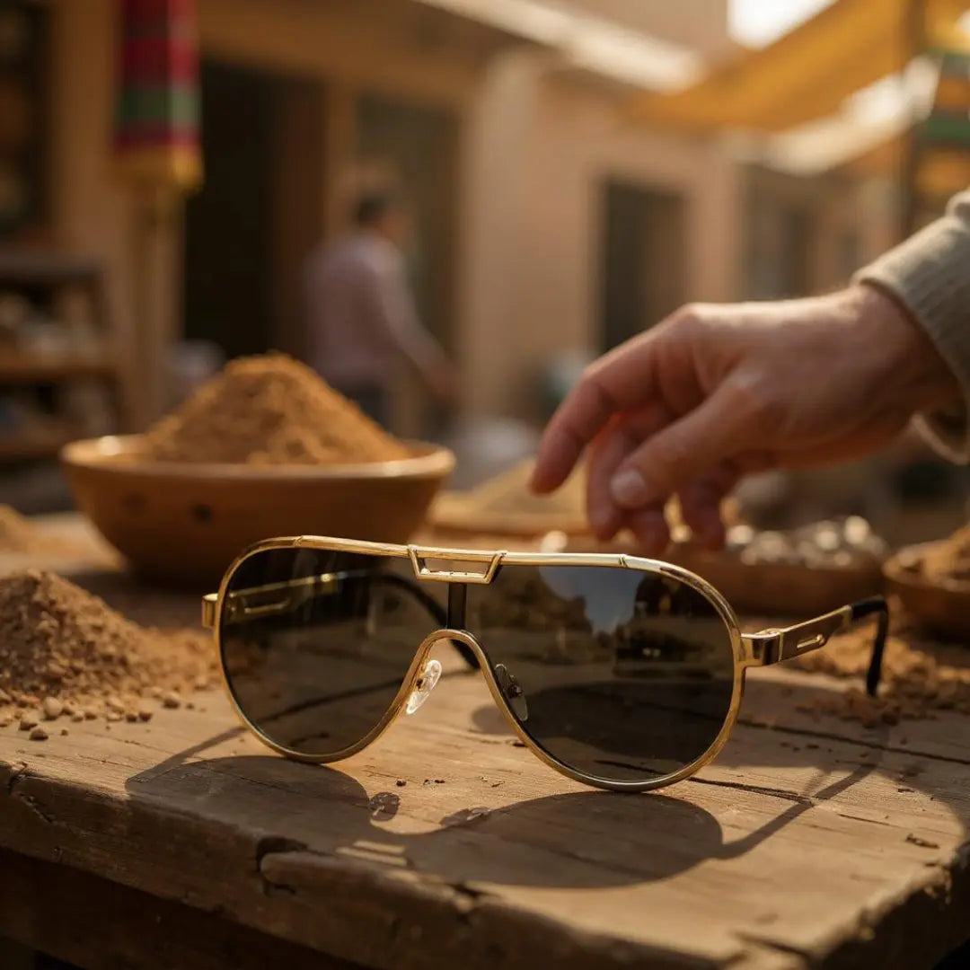 Óculos de Sol Aviador Vintage Masculino e feminino Mionelle Tesla Golden Preto Claro sobre uma mesa de madeira