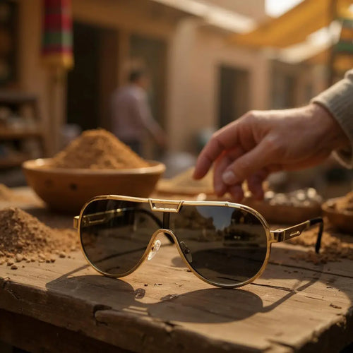 Óculos de Sol Aviador Vintage Masculino e feminino Mionelle Tesla Golden Preto Claro sobre uma mesa de madeira