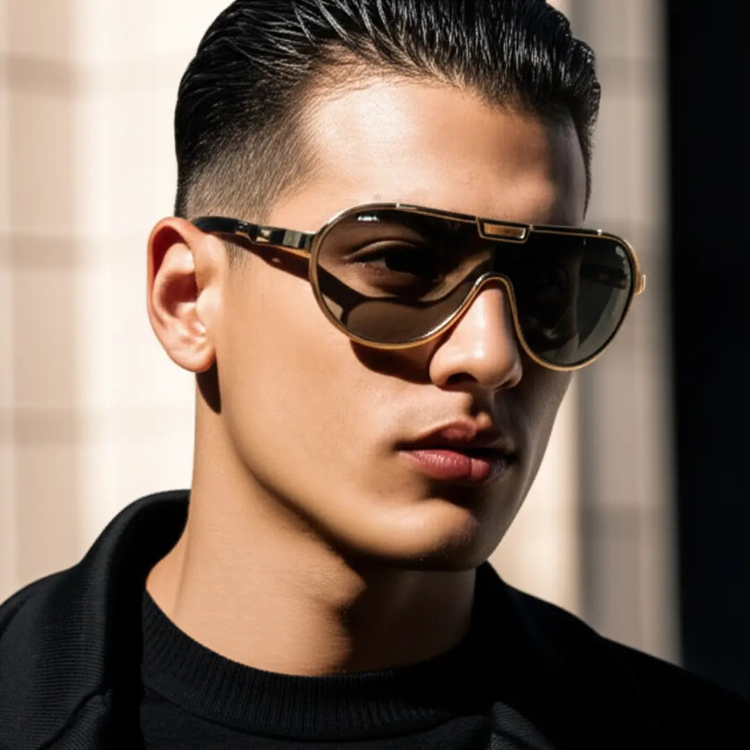 Homem charmoso usando o Óculos de Sol Aviador Vintage Masculino Mionelle Tesla Golden Preto Claro