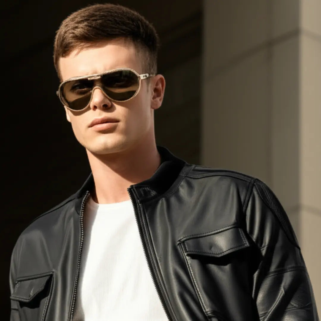 Homem vestindo uma jaqueta de couro usando o Óculos de Sol Aviador Vintage Masculino Mionelle Tesla Golden Preto Claro