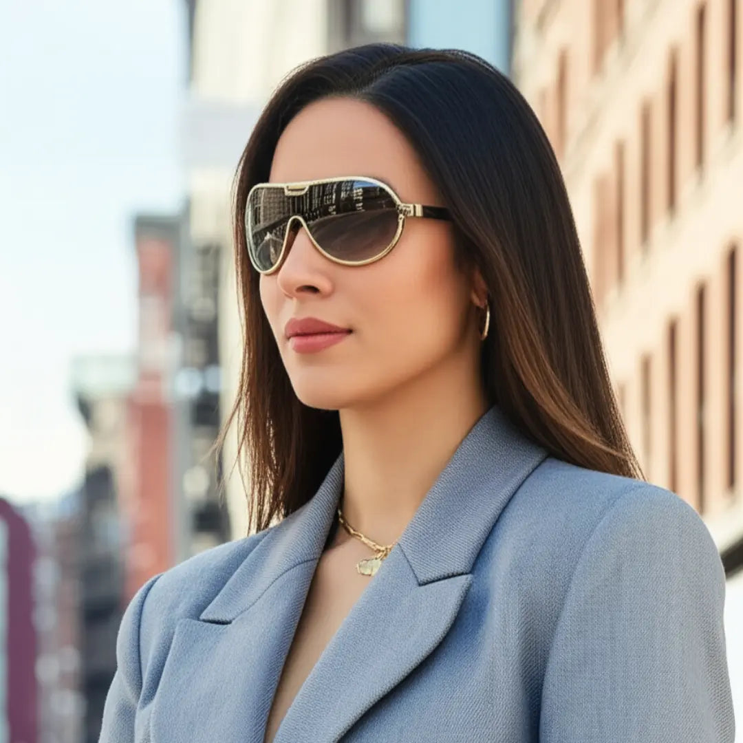 Mulher Moderna Bem Vestida Usando o Óculos de Sol Aviador Vintage Feminino Mionelle Tesla Golden Preto