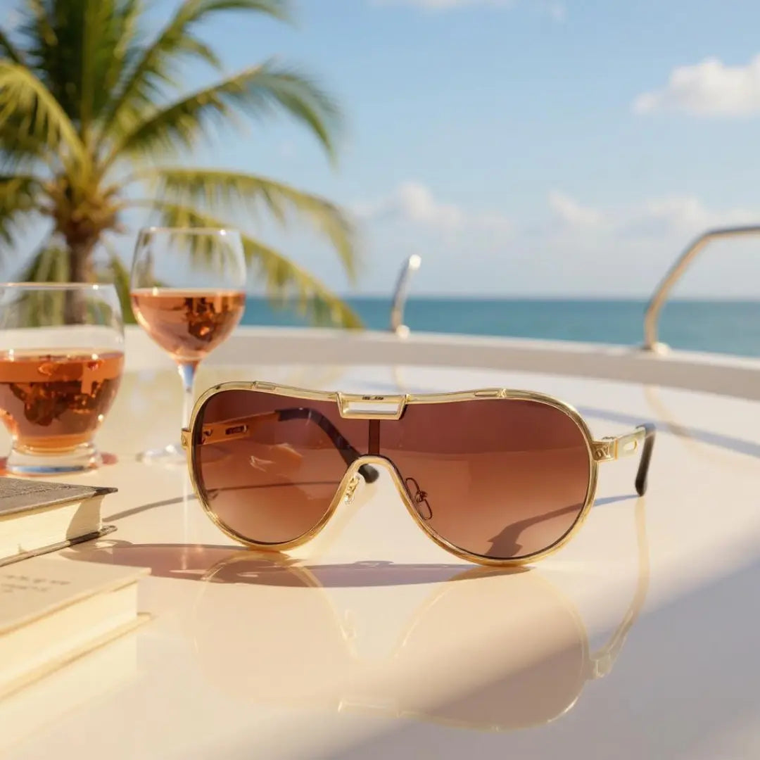 Óculos de Sol Aviador Vintage Masculino e Feminino Mionelle Tesla Marrom sobre uma mesa com o mar de fundo e dois copos de whisky
