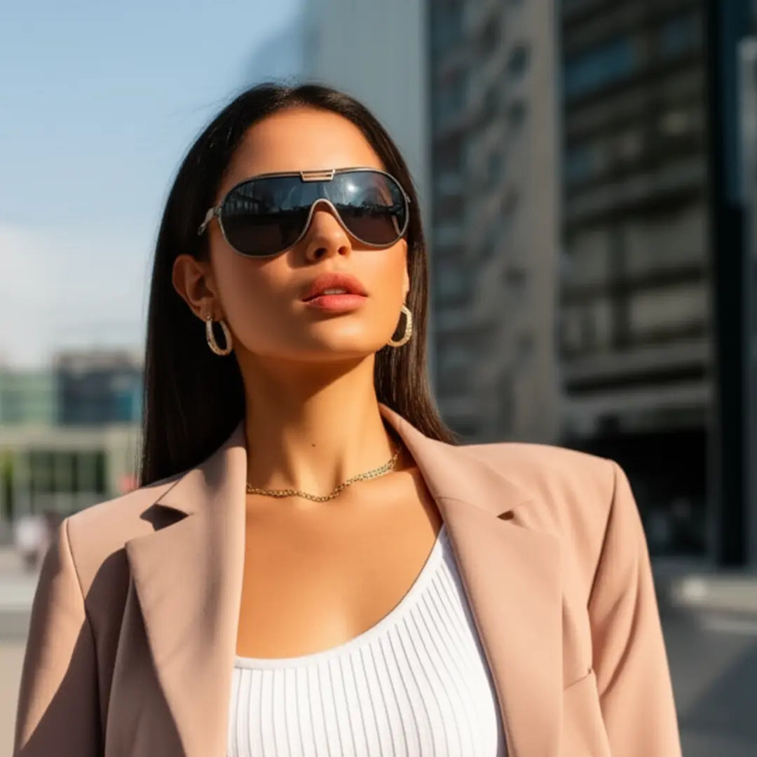 Mulher bem vestida usando o Óculos de Sol Aviador Vintage Feminino Mionelle Tesla Preto
