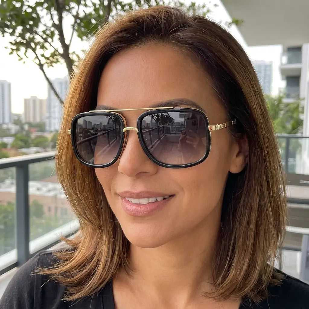 Mulher elegante usando óculos aviador Mionelle Milano degradê preto