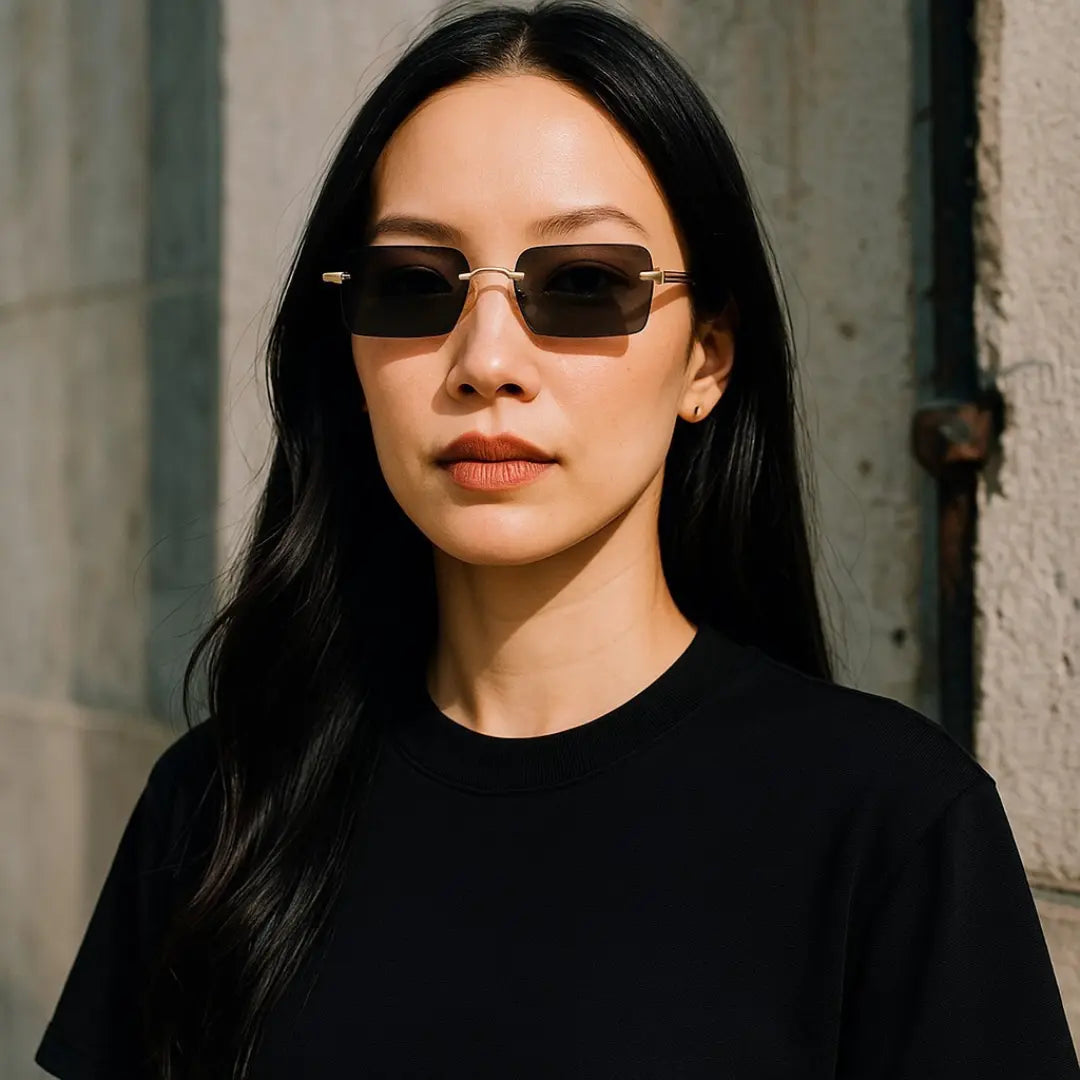 alt="mulher usando oculos de sol retangular sem aro preto"