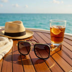 Óculos de Sol Quadrado Feminino Mionelle Milano Degradê Marrom Sobre a mesa com uma mar no fundo