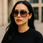 Óculos de Sol Quadrado Feminino Mionelle Milano Degradê Marrom no rosto de uma modelo