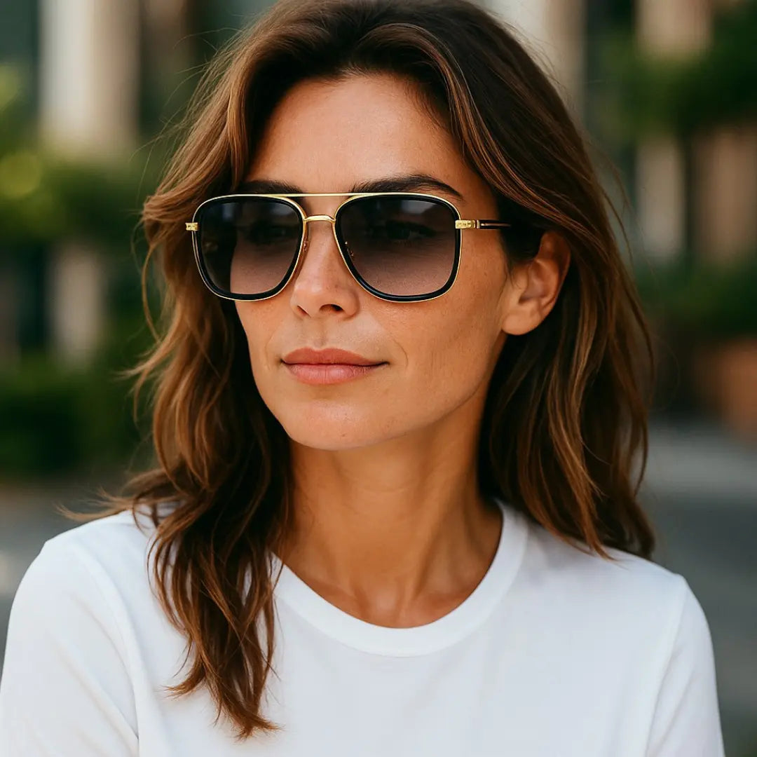 Óculos de Sol Quadrado Feminino Mionelle Milano Degradê Preto no rosto de uma modelo