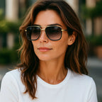 Óculos de Sol Quadrado Feminino Mionelle Milano Degradê Preto no rosto de uma modelo