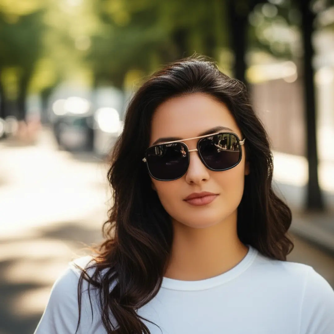 Óculos de Sol Quadrado Feminino Mionelle Milano Preto no rosto de uma modelo