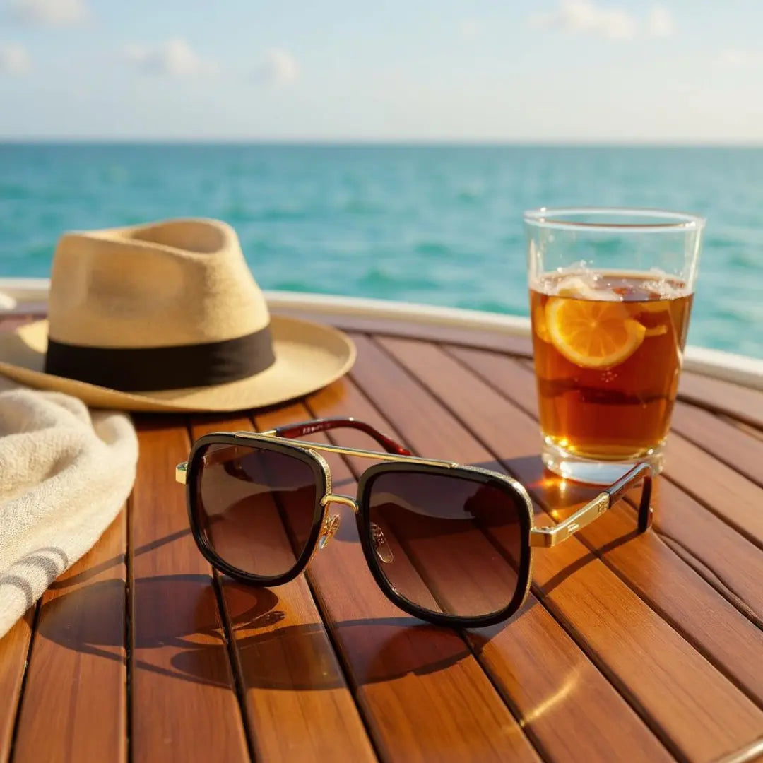 Óculos de Sol Quadrado Masculino Mionelle Milano Degradê Marrom sobre a mesa com visão de um mar de fundo