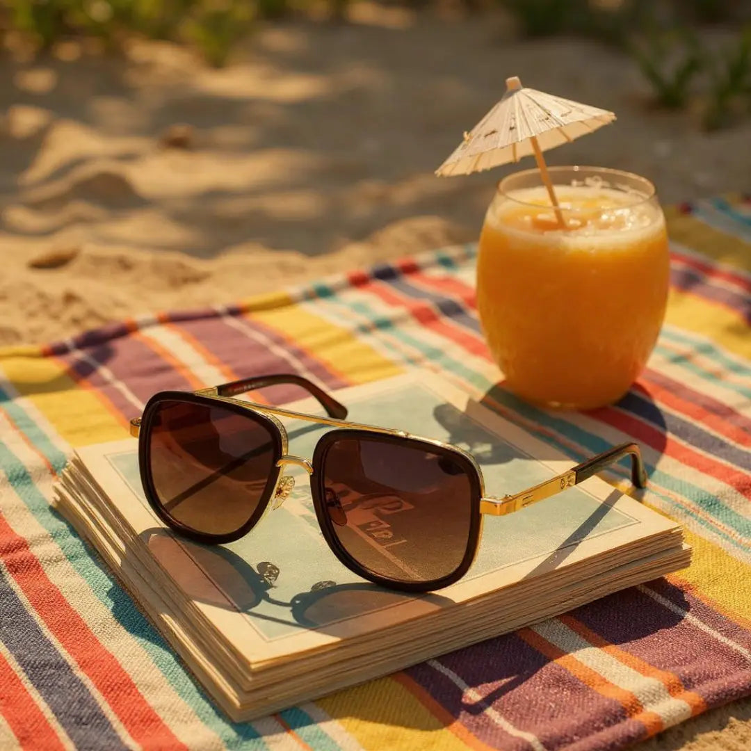 Óculos de Sol Quadrado Masculino Mionelle Milano Degradê Marrom sobre uma pano na areia da praia