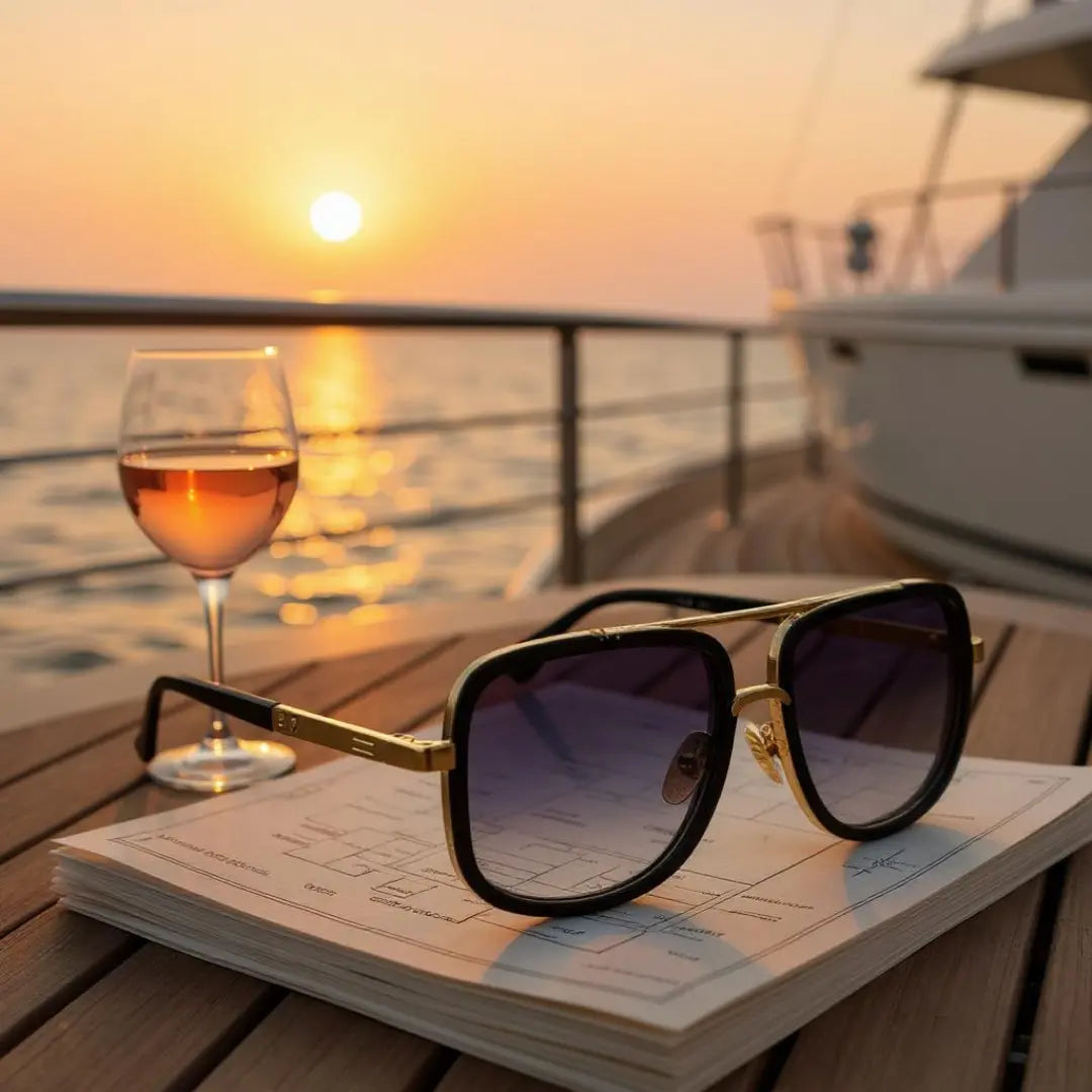 Óculos de Sol Quadrado Masculino Mionelle Milano Degradê Preto sobre uma mesa em uma lança de luxo